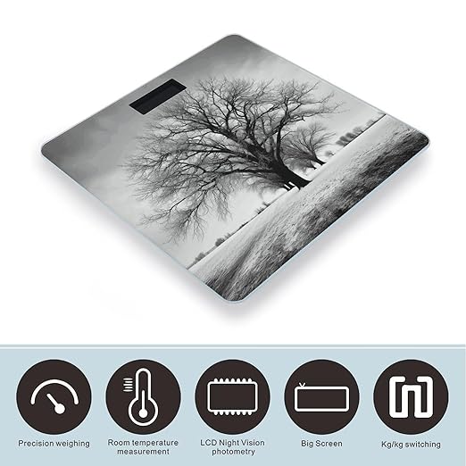Black and White Tree Scale for Body Weight Safe Rounded Corners Tempered Glass Digital Bathroom Scale LED Display 400lb Capacity Weight Scales with High Precision Sensors