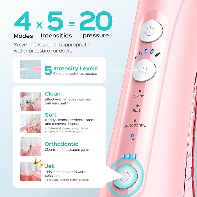 COSLUS C50 Portable Water Flosser for Teeth: 4 Modes &amp 5 Intensity Levels Professional Electric Dental Pick for Sensitive Gums Braces &amp Orthodontic - Cordless for Travel Use BPA-Free