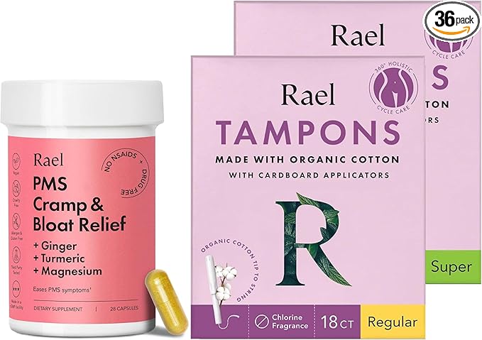 Rael Bundle - Cardboard Applicator Tampons Made with Organic Cotton Multipack (Regular &amp Super 36 Count) &amp PMS Supplement for Women (28 Capsules)