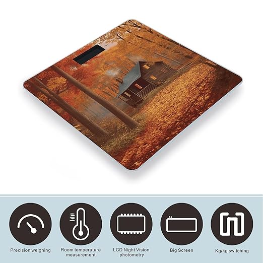 Autumn Woods Cabin Scale for Body Weight Anti-Slip Tempered Glass Digital Bathroom Scales Clear LCD Display Weighing Scale Safe Rounded Corners Smart Scales