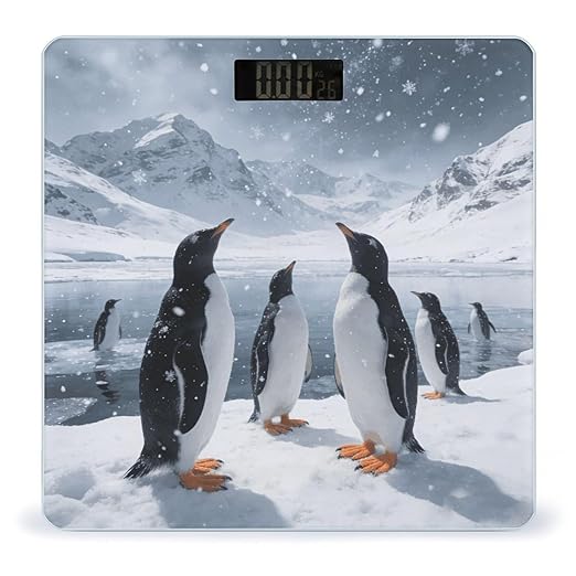 Little Penguin in The Snow Smart Scale for Body Weight Digital Bathroom Scale Toughened Glass Weight Scale with Large LCD Backlight Display High Precision Scales Weighing Machine