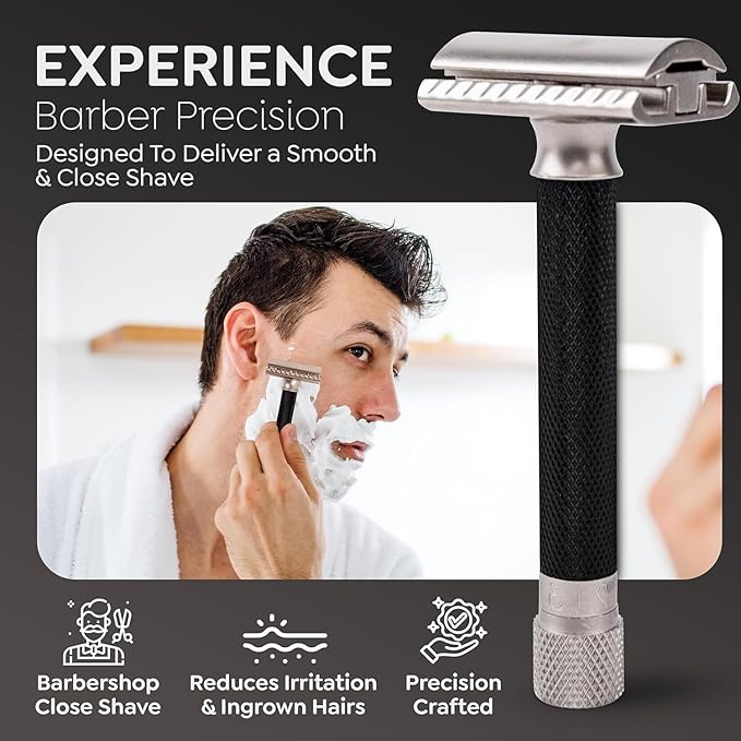 Parker THE VARIANT CLOSED COMB - ADJUSTABLE Double Edge Safety Razor Customize your Shave with a Turn of the Dial from Mild to Aggressive - 5 Blades Included (GRAPHITE GRAY)
