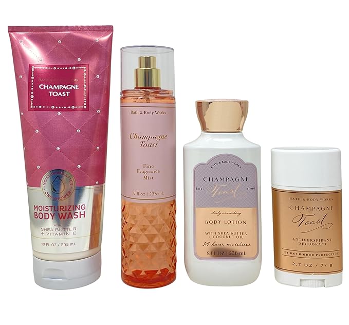 Bath &amp Body Works Champagne Toast Moisturizing Body Wash Fine Fragrance Mist Daily Nourishing Body Lotion and Antiperspirant Deodorant with a Peach Gardenia Bar Soap