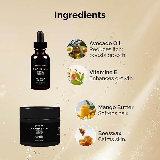 Golden Grooming Beard Bundle for Black Men | Natural Beard Growth Kit with Shea Butter (Regular Smoky Citrus)