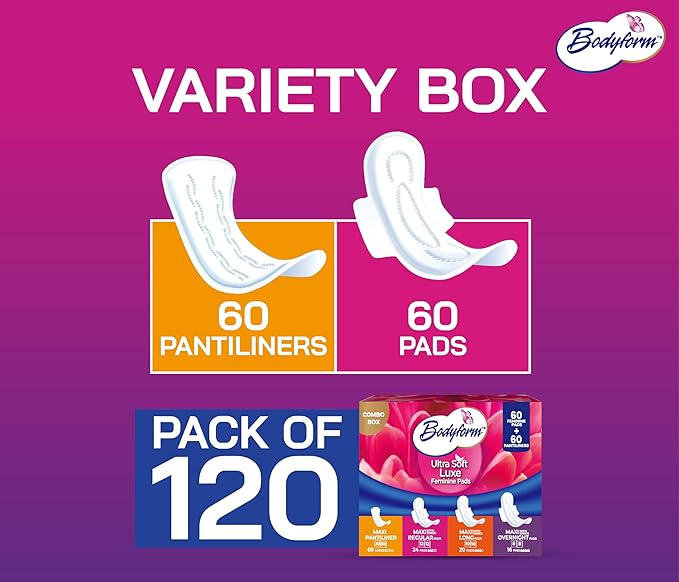 Bodyform Luxe Feminine Care Value Combo Pack 120 Count (60 Ultra-Soft Pads + 60 Gentle Pantyliners) Variety Pack Cushion-Soft &amp Ultra-Absorbent Daily Freshness &amp Protection
