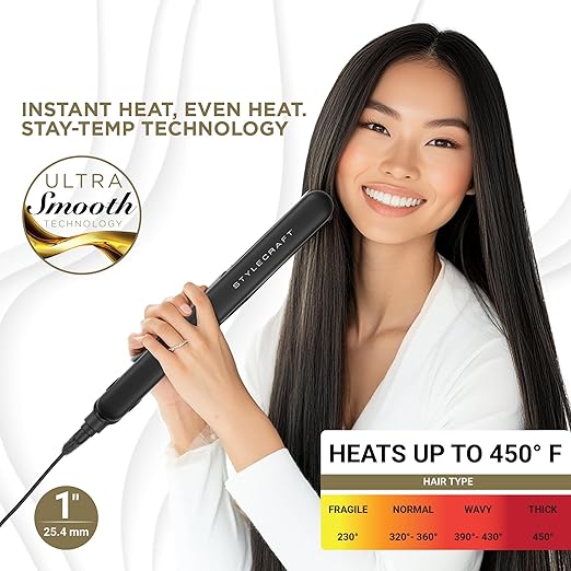 StyleCraft STAY-TEMP Professional 1-Inch Titanium Flat Iron Titanium Ultra-Thin Hair Straightener for All Hair Types