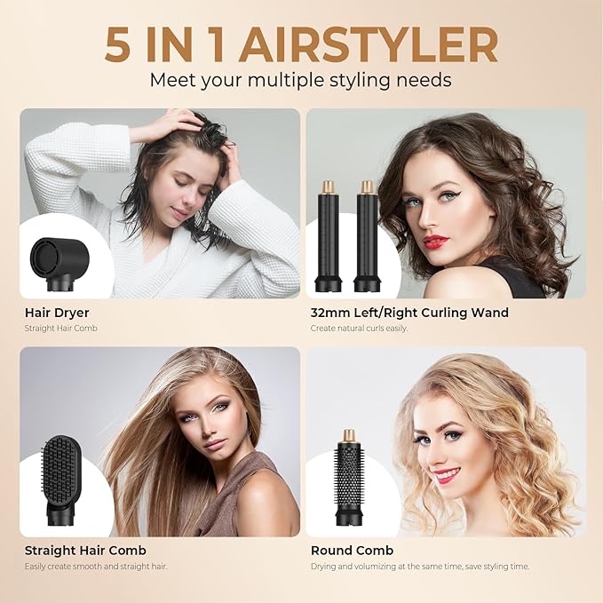 5 in 1 Blow Dryer Brush Upgrade Hair Dryer Brush Set Negative Ion Air Styler Curling Wrap Air Curler Hot Air Brush Curling Iron Hair Styling Tools As A Gift for Straight/Curl/Dry/Smooth