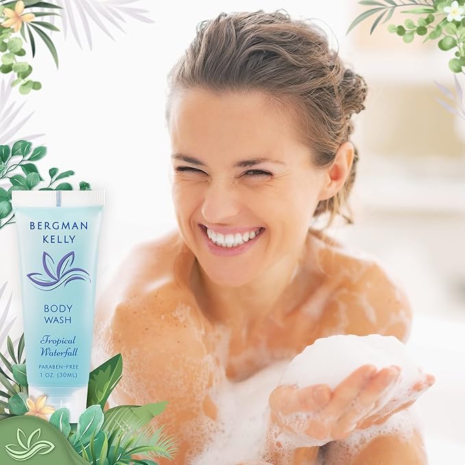 BERGMAN KELLY Travel Size Body Wash (1 fl oz 100 PK Tropical Waterfall) Delight Your Guests with an Invigorating and Refreshing Hotel Body Wash Mini and Small Size Guest Hotel Toiletries in Bulk