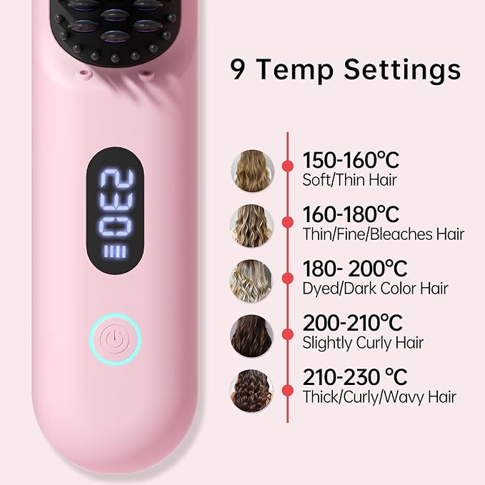 2Pcs Numoya GoBrush Pro 2025 Cordless Hair Straightener Brush for Short Hair Portable Travel Hair Straightener Cepillo Alisador De Cabello 9 Temp Settings 9600mAh Rechargeable (Pink)