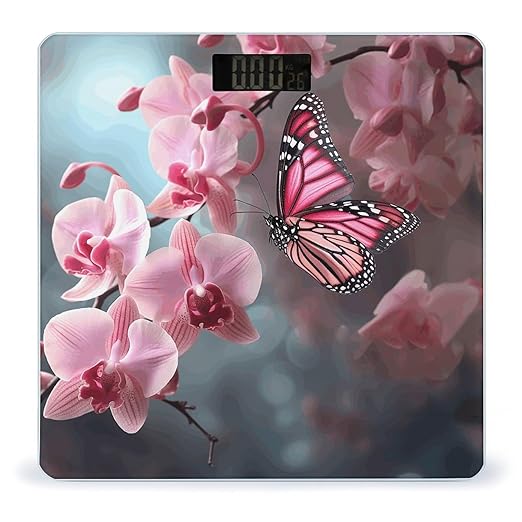 Orchid Flower Butterfly Soft Fresh Spring Bathroom Scale Large LCD Backlight Display Digital Scale Rounded Corners Body Scales Automatic Power On/Off Bathroom Scales for Home Bedrooms