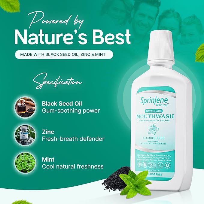 SprinJene Customer Favorite's Oral Care Bundle – Natural Toothpaste &amp Alcohol-Free Mouthwash Set Fluoride Free SLS Free Black Seed Oil &amp Zinc Formula Premium Value Essentials Duo Pack