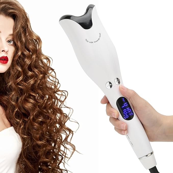 Automatic Curling Iron Wand with LED Display Constant Temperature Hair Curler Double Insulated Design Safety Auto Shut Off Ceramic Barrel Curling Iron White(US)