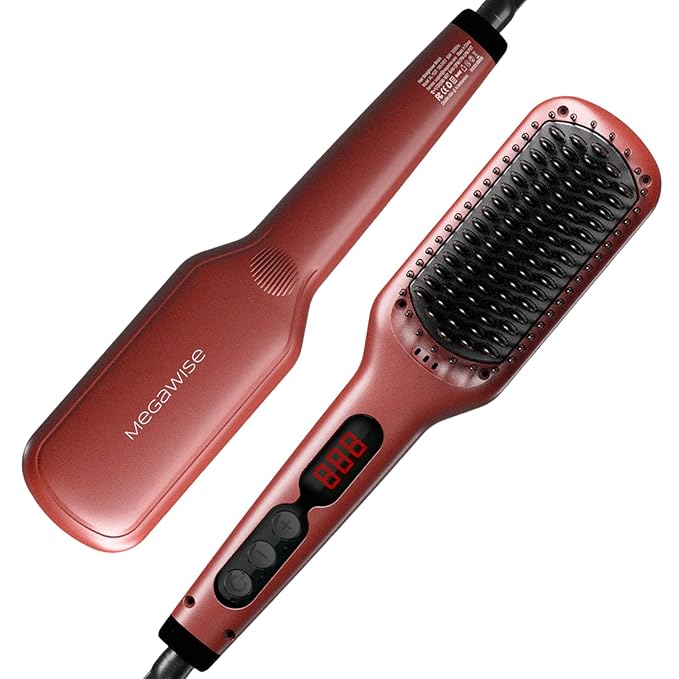 Megawise Pro Ceramic Ionic Hair Straightener Brush – Fast 20s Heating Auto-Off Anti-Scald Dual Voltage Rotatable Power Cord – Home Salon Styling (Tomato Red)