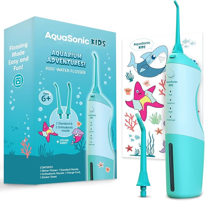 AquaSonic Kids' Water Flosser for Ages 6+ | Standard Nozzle Orthodontic Nozzle &amp Waterproof Stickers | 4 Flossing Modes | Aquarium Adventures Theme (Blue)