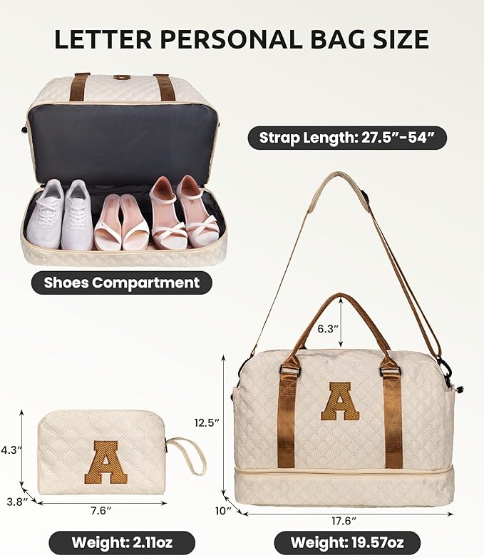 Gifts for Mom-Initial Duffle Bag with Shoe Compartment Personalized Weekender Bag Monogram Overnight Bag Letter Travel Bag with Makeup BagPersonalized Gifts Idea for Women Her (Letter F)