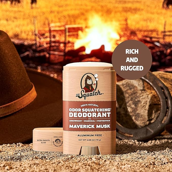 Dr. Squatch Natural Men’s Deodorant – Aluminum Free Natural Deodorant Men with Charcoal &amp Postbiotics for 72-Hour Odor Protection – Maverick Musk 2.65oz Stick (3-Pack)