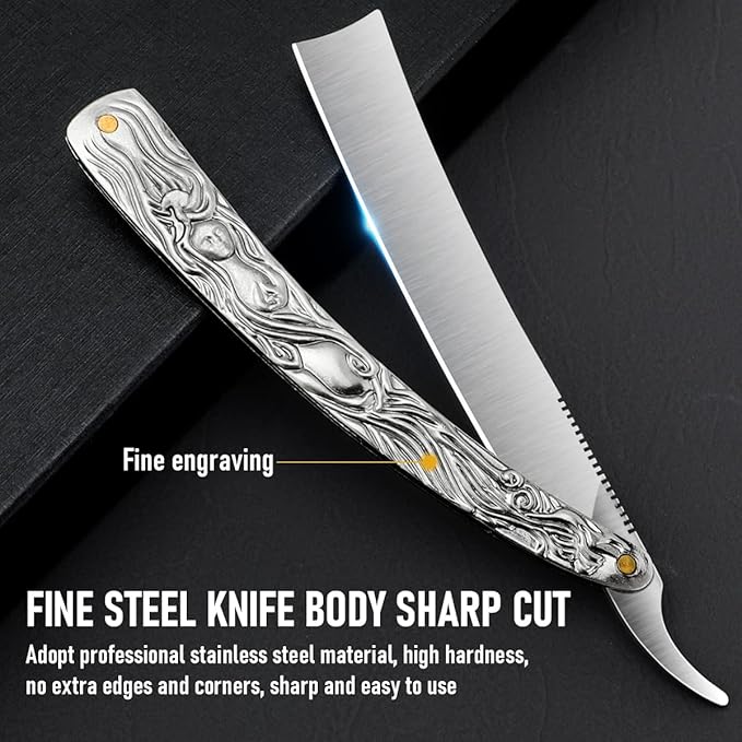 Professional Straight Razor with First Layer Cowhide Strop - Straight Edge Barber Razor Premium Stainless Steel Shaver Razor for Men Home &amp Salon Grooming Using