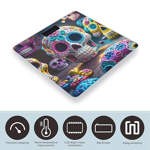 Sugar Skulls Bathroom Scale for Body Weight Bathroom Weighing Scales with Back Lit LED Display Sturdy Tempered Glass Body Weight Bathroom Scale 400lb Weighing