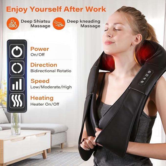 Neck Massager for Pain Relief Deep Tissue with Heat FSA Eligible 3D Kneading Massage Pillow Back Shoulder Massager for Body Muscle HSA Eligible Gifts for Him Her (NOT Cordless) (Black)
