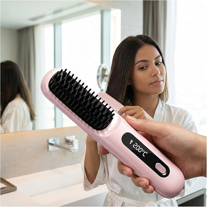 2026 Go Brush Pro Cordless Hair Straightener Brush Portable Travel Mini Straightener for Short Hair with LCD Temperature Display Fast Heating Small Hair Styling Tool for Women (Black)