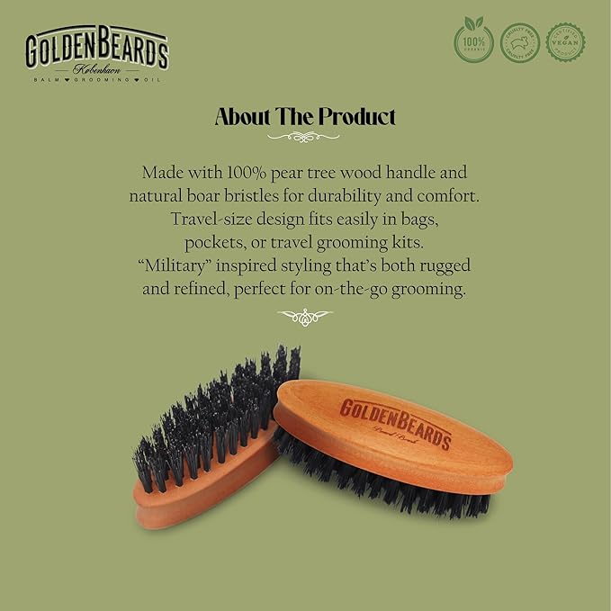 Golden Beards Travel Beard Brush – Pear Tree Wood Handle &amp Natural Boar Bristles – Compact Grooming Tool That Fits in Your Bag Perfect for Beard Maintenance on the Go