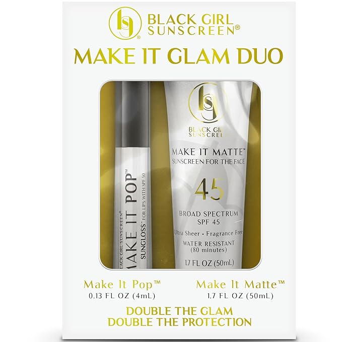 Black Girl Sunscreen – Face &amp Lip Sunscreen Make It Glam Duo – 1 SPF 45 Make it Matte Clear Sunscreen for Face &amp 1 Make it Pop SPF 50 Sungloss for Protected Poppin' Lips White