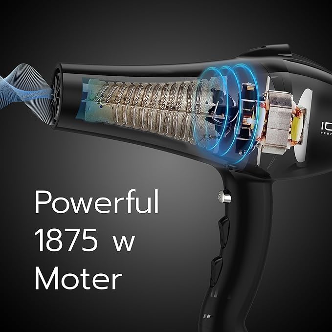 iQUE Professional Salon Quality Hair Dryer | 1875W Ionic Blow Dryer | 2 Speeds &amp 3 Heat Modes | Frizz-Free | Includes 2 Nozzles Attachments | Extra Long Cord and Faster Drying Time