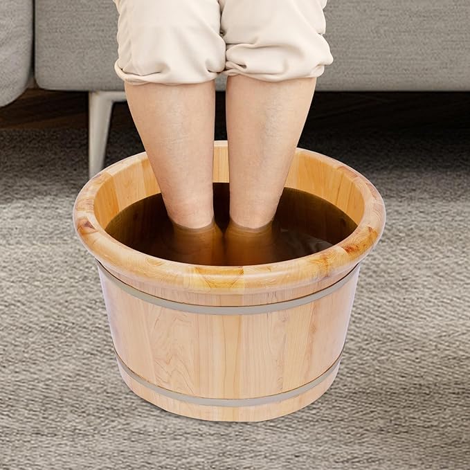 Wooden Foot Bath Barrel Foot Tub with Massager and Lid 9-Inch Deep Basin for Comfort and Relaxation Pedicure Barrel for Foot Bath Soak Massage Spa