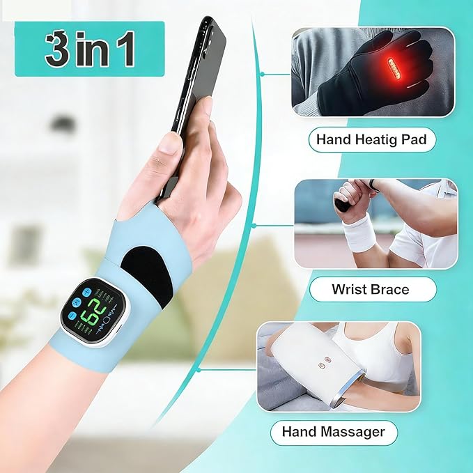 Rechargeable Adjustable Electric Wrist Massager Cordless Wrist Heating Pad with Heat 8 Massage Modes 30 Intensity Levels Wearable Hand Heating Brace for Daily &amp Sports Use (Blue)
