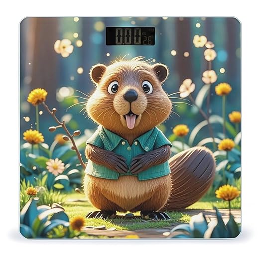 Cartoon Animated Beaver Bathroom Scale Automatic Power On/Off Body Scales LCD Backlight Display Square Digital Scale Rounded Corners Bathroom Scales for Home Bedrooms