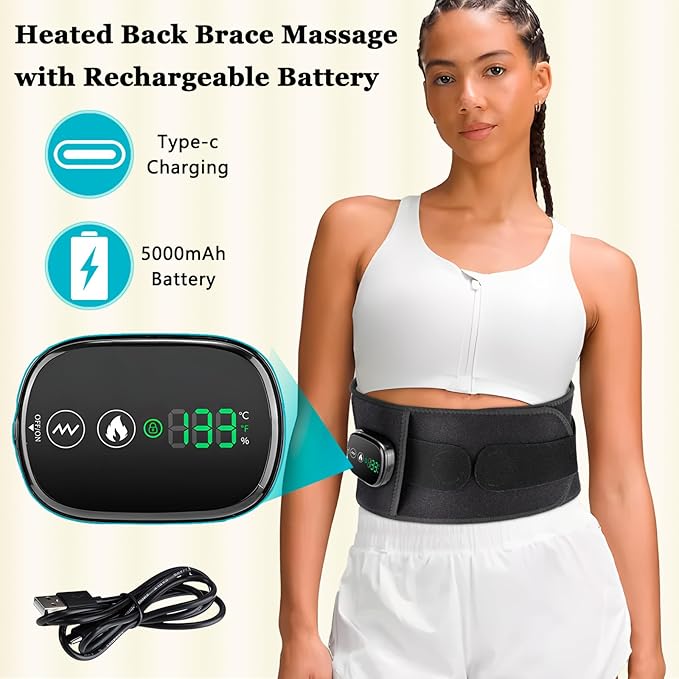 Cordless Heating Pad with Massager Back Brace Heating Pad for Back Pain Relief Heated Back Support Belt with 3 Heating &amp Vibration Modes Rechargeable Low Back Massager for Women Men