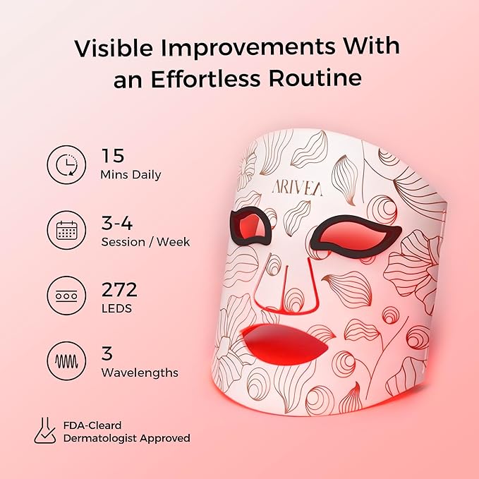 ARIVEA Red Light Therapy Mask for Face - 3 Modes LED Face Mask with Red Blue &amp Infrared Wireless &amp Rechargeable Light Therapy Device for Skin Care Wrinkle &amp Anti-Aging Home &amp Trave