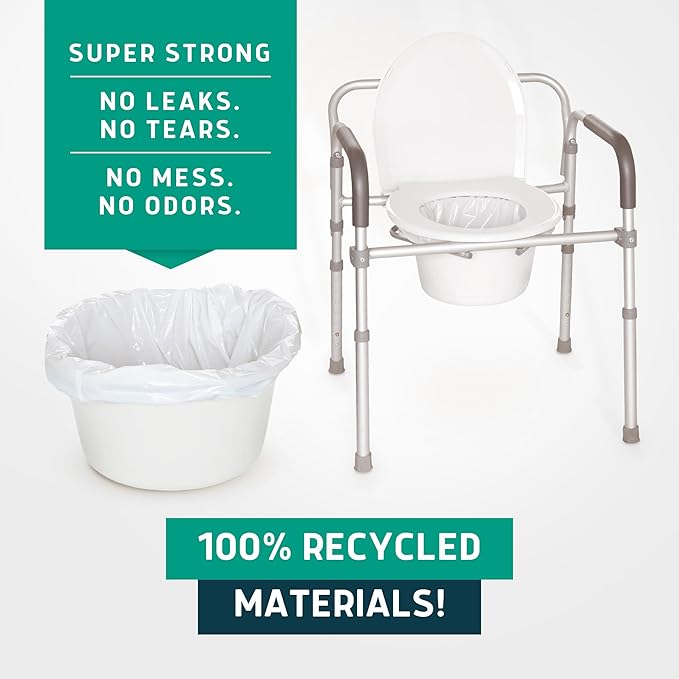 Lunderg Recycled Commode Liners - 250 Environment Friendly Portable Toilet Bags - Medical Grade Bedside Commode Liners Disposable - Universal Fit &amp Easy to Use - Absorbent Pads NOT included