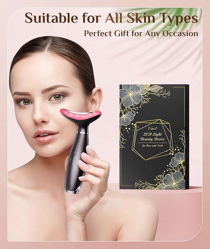7 Color Galvanic Machines - Red Light Therapy for Face and Neck Face Massager Tool for Wrinkles Double Chin Vibrating Facial Massager with Thermals Black