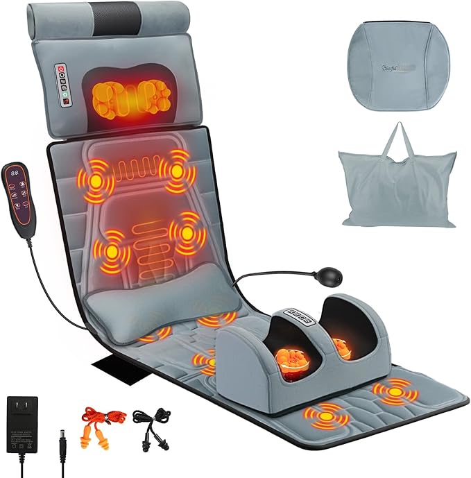 Full Body Massage Mat with Heat 12 Vibration Nodes Massage Chair Pad with 3 Heating Levels Multifunctional Full Body Flannel Seat Back Massager with Head Neck Foot Massage Pillow for Home Office