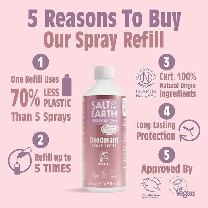 Salt of the Earth - Natural Deodorant Spray Refill - Lavender &amp Vanilla - 100% Natural Origin Ingredients - Vegan - Suitable for Men Women &amp Children - 16.9 fl oz