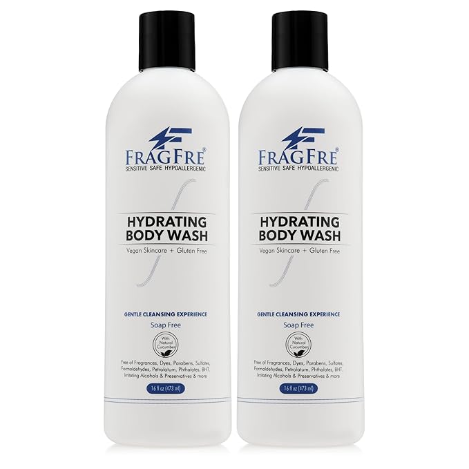 Sensitive Body Wash 16 oz (2-Pack Gift Set) - Paraben Free Sulfate Free Body Cleanser - Hypoallergenic for Delicate and Flaky Skins - No Added Fragrance - Cucumber for Hydration - Vegan GF/CF