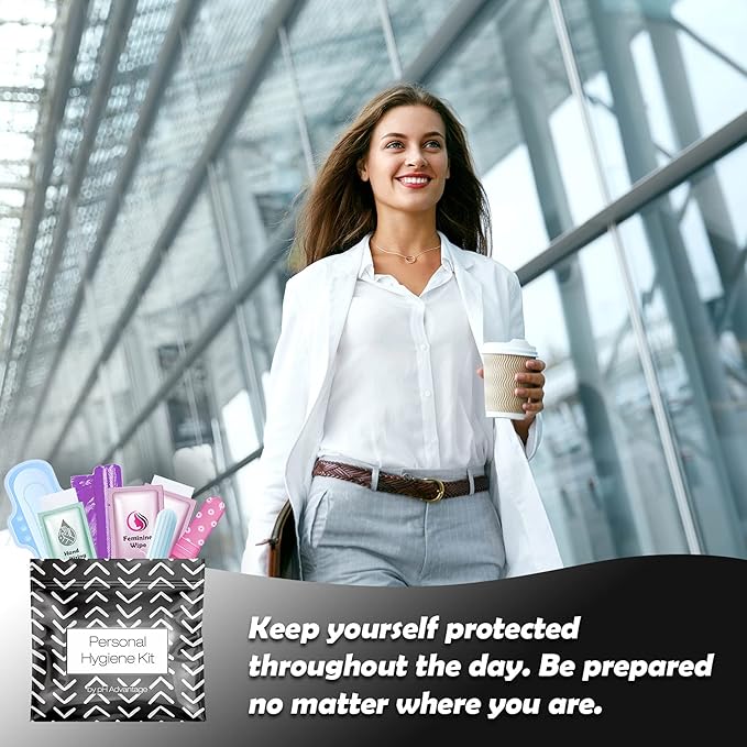 Menstrual Kit All-in-One 10 Pack | Convenience on The Go | Period Kit Pack for Travelling Tweens &amp Teenager | Individually Wrapped Feminine Hygiene Product (Black Treads)