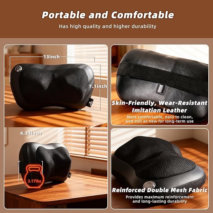 Zenopax Shiatsu Neck and Back Massager with Heat 3D Deep Tissue Kneading Cordless Rechargeable Electric Massage Pillow for Muscle Pain Relief Use at Home Car Office Gifts for Men Women
