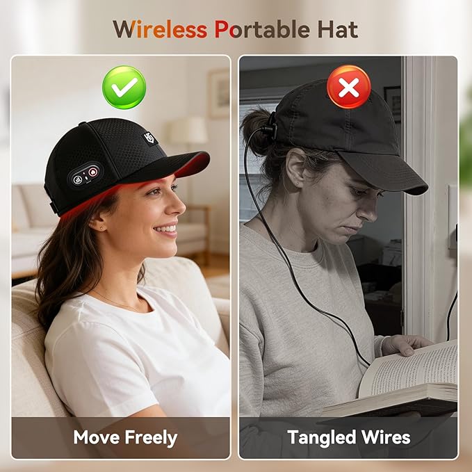 Red Light Cap for Hair: Cordless Red Light Hat with 2000mAh Rechargeable Battery Adjustable Size Portable Heating Cap and Light-Based Device for Men &amp Women at Home or Traveling