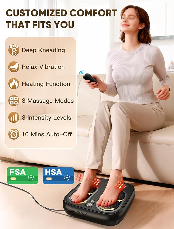 Shiatsu Foot Massager with Heat &amp Vibration: Deep Kneading Foot Massager for Plantar Fasciitis Neuropathy and Improved Circulation - Electric Foot Massager for Home and Office Use