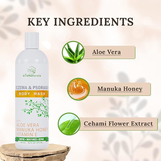 Wild Naturals Moisturizing Eczema Body Wash – Gentle Psoriasis Body Wash for Itchy Dry Skin Relief – Eczema Soap for Redness and Flareups – Hydrating Cleanser for Women and Men