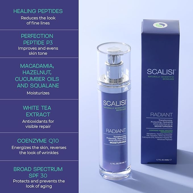 SCALISI RADIANT SPF 30 Moisturizer – Lightweight Daily Face Sunscreen with Anti-Aging Benefits – Clinically Proven to Reduce Fine Lines – No White Cast – All Skin Types