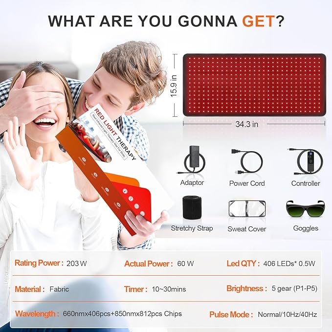 Red Light Therapy Mat for Body 406 LEDs 34.3x15.9 Near Infrared Light Therapy Pad 660nm &amp 850nm Light Blanket for Back Shoulder Waist Muscle Pain Relief with Smart Temp &amp Timer 60W