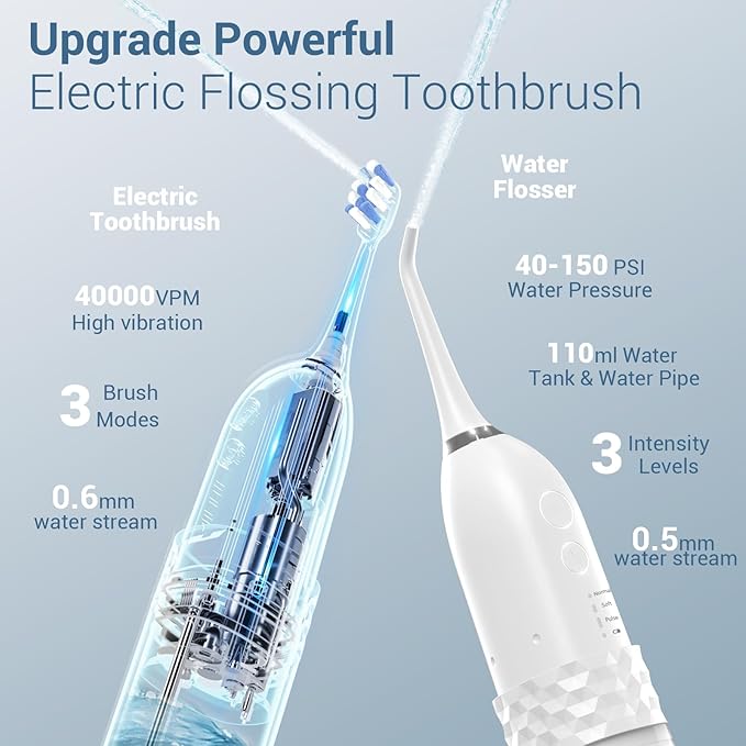 Marchpower Upgraded 2-in-1 Electric Toothbrush with Water Flosser 3+4 Smart ModesPortable Oral Irrigator with Point-Jet Rechargeable IPX7 Waterproof for Home &amp Travel UseWhite