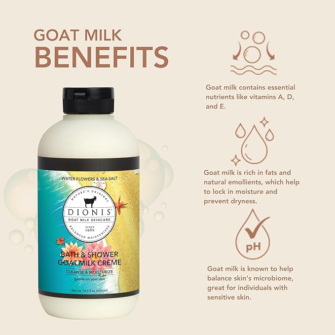 Dionis Goat Milk Bath Soap &amp Liquid Shower Crème Water Flowers &amp Sea Salt 14.5oz (Pack of 1)
