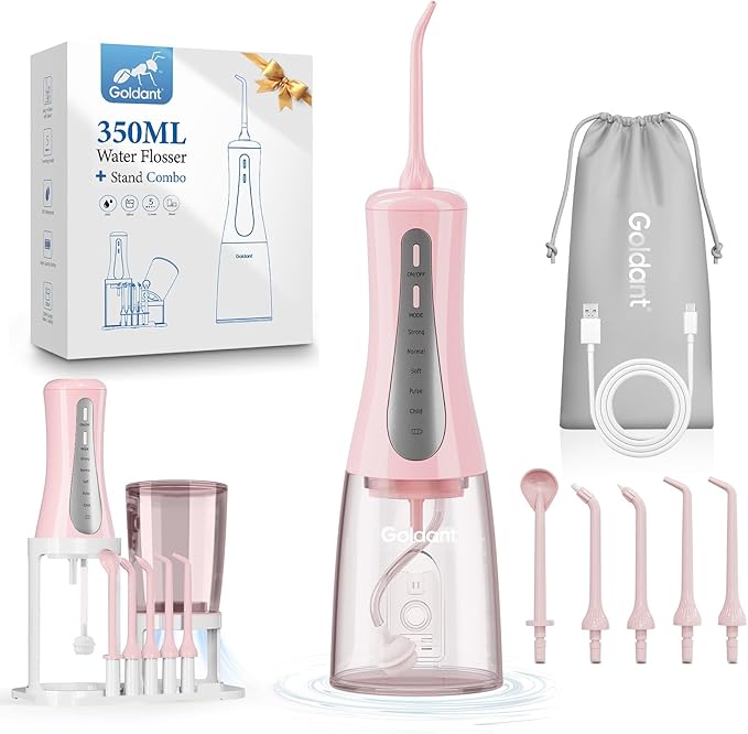 2026 New 350ML Water Flosser with Drainage &amp Storage Stand Keeps Dry &amp Clean 5 Modes 360°Nozzle Cordless Rechargeable IPX7 Waterproof Portable for Home &amp Travel (Pink)