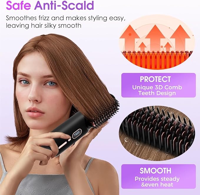 Cordless Hair Straightening Brush USB Ceramic Heating Straight Hair Comb 2-in-1Negative Ion Hair Straightening Comb(White)