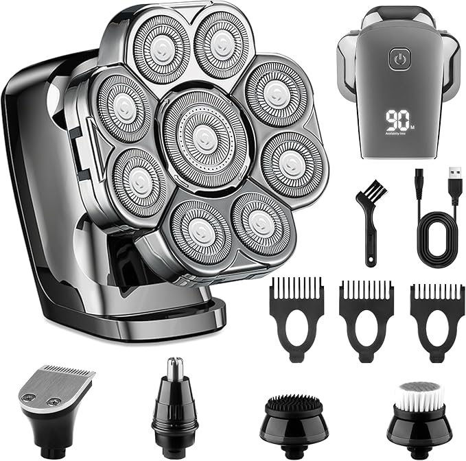 9D Bald Head Shaver for Bald Men 5-in-1 Electric Razor for Men Cordless Rechargeable &amp Waterproof Head Shaver for Wet/Dry Shave with Nose Hair Trimmer Massager LED Display