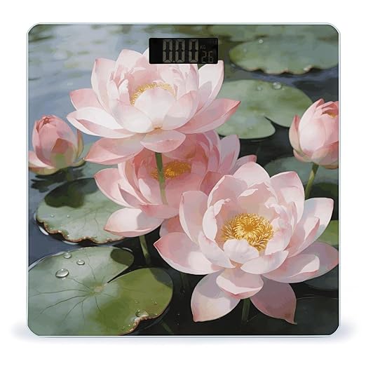 Bright Sunny Day Lotus Flowers Weight ScaleClear LED Display Bathroom Digital Weighing ScaleTempered Glass Digital Bathroom Scale for Body Weight Capacity Up to 400 Lbs